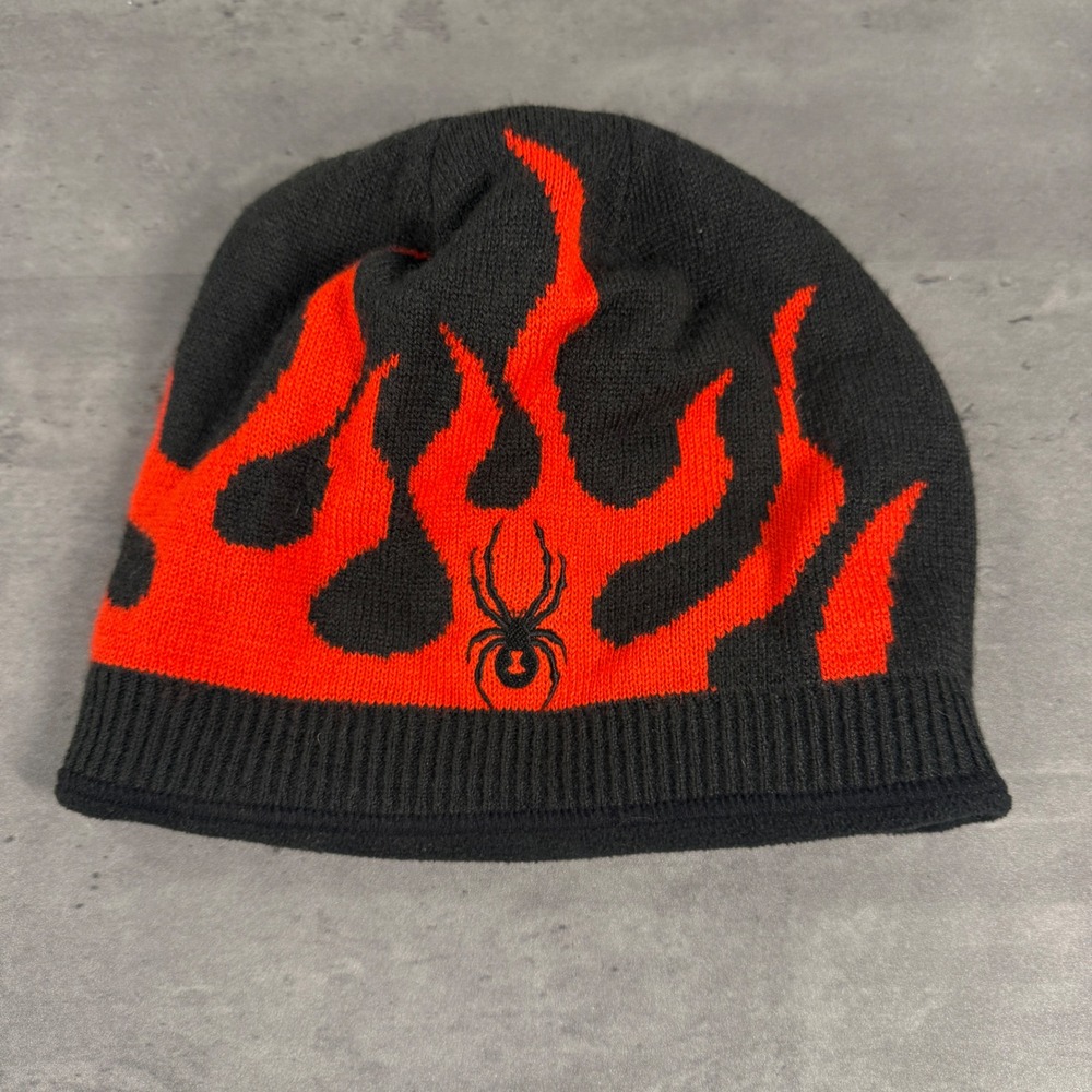 Spyder Beanie Mens Black Red Flame Knit‎ Winter Hat Punk Skate Fire Ski Cap Hat